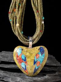 Fourteen-strand Necklace and Reversible Mosaic Inlay Avian Pendant