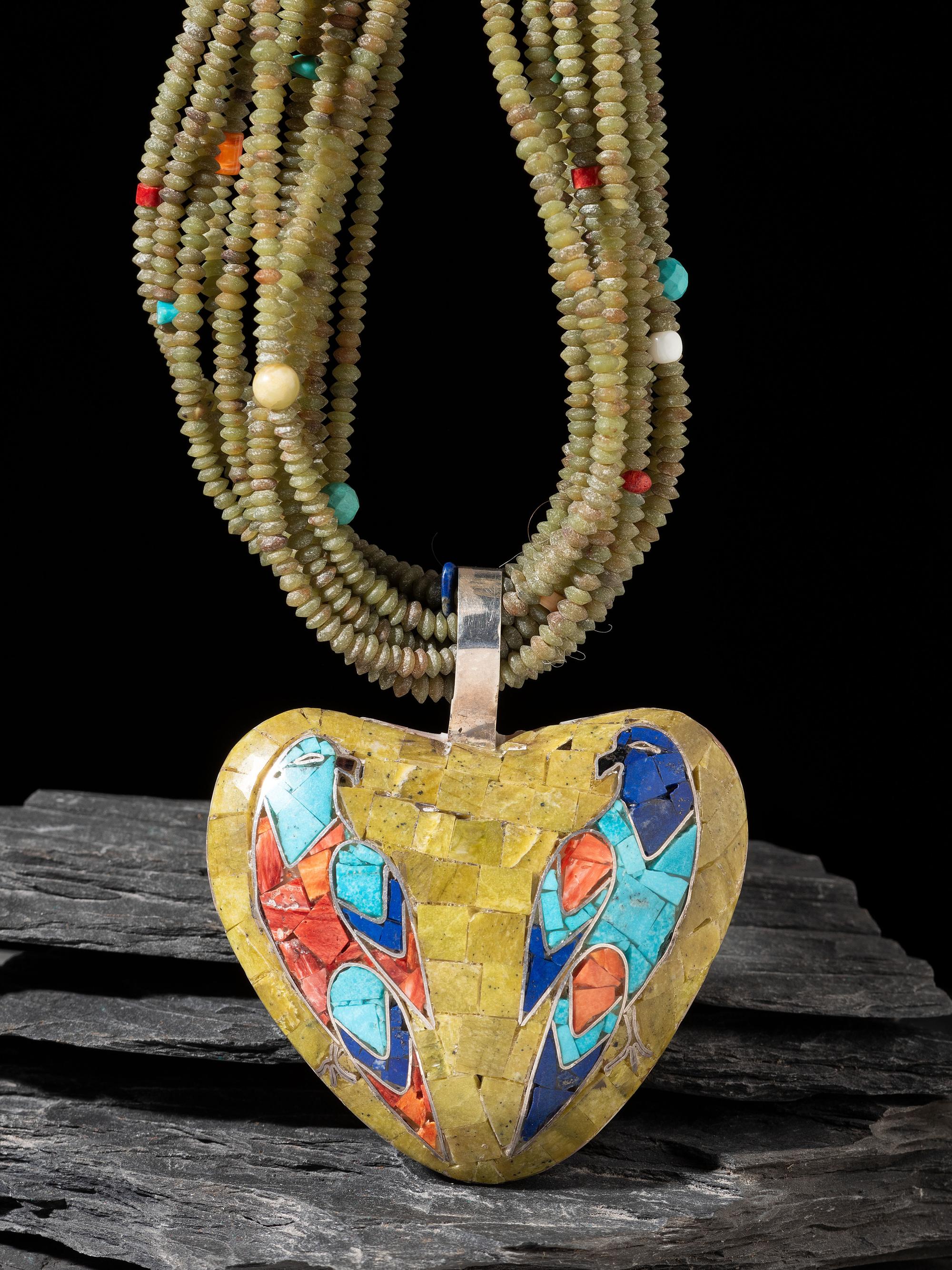 Fourteen-strand Necklace and Reversible Mosaic Inlay Avian Pendant