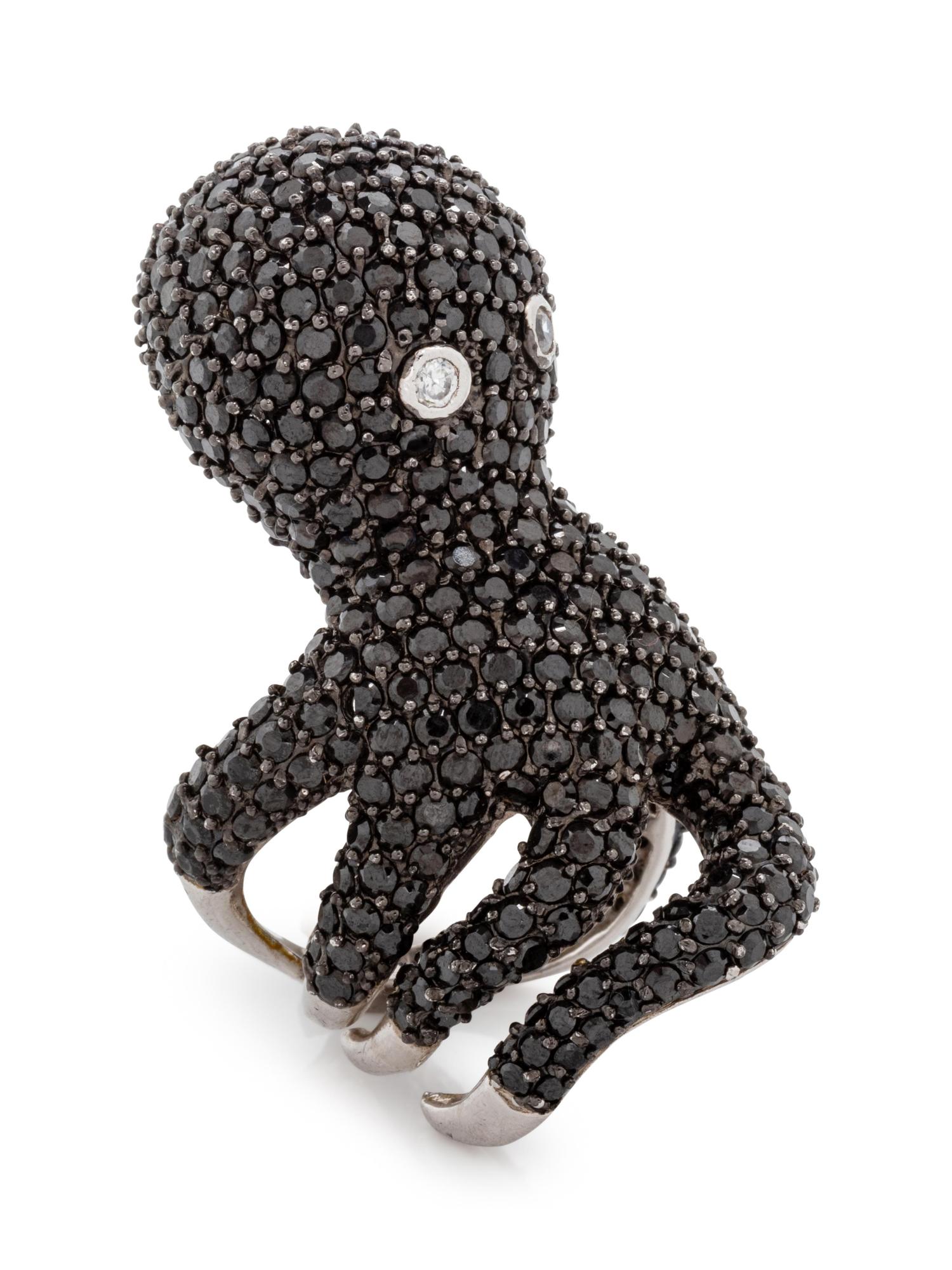 A Silver, Black Diamond and Diamond Octopus Ring,