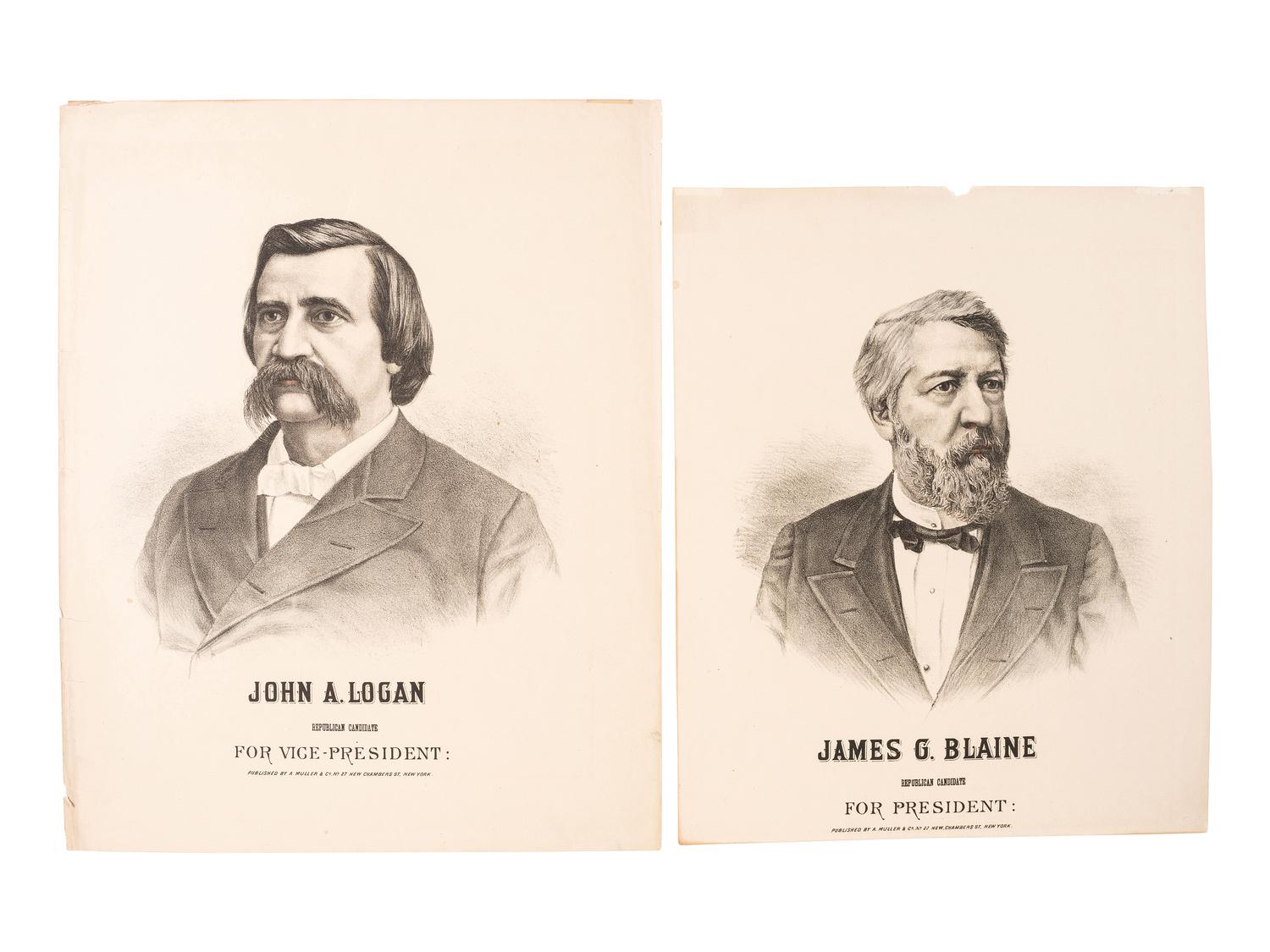 [1884 ELECTION] -- [BLAINE, James G.]. A group of cabinet cards, advertising cards, lithographs, and other ephemera from Blaine's 1884 presidential campaign, comprising: