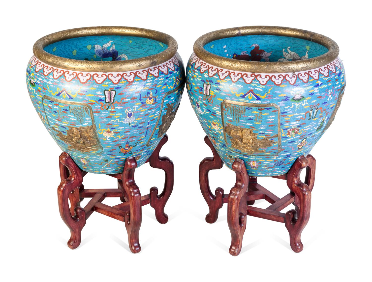 A Pair of Large Chinese Export Cloisonné Fish Bowls and Stands