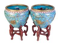 A Pair of Large Chinese Export Cloisonné Fish Bowls and Stands