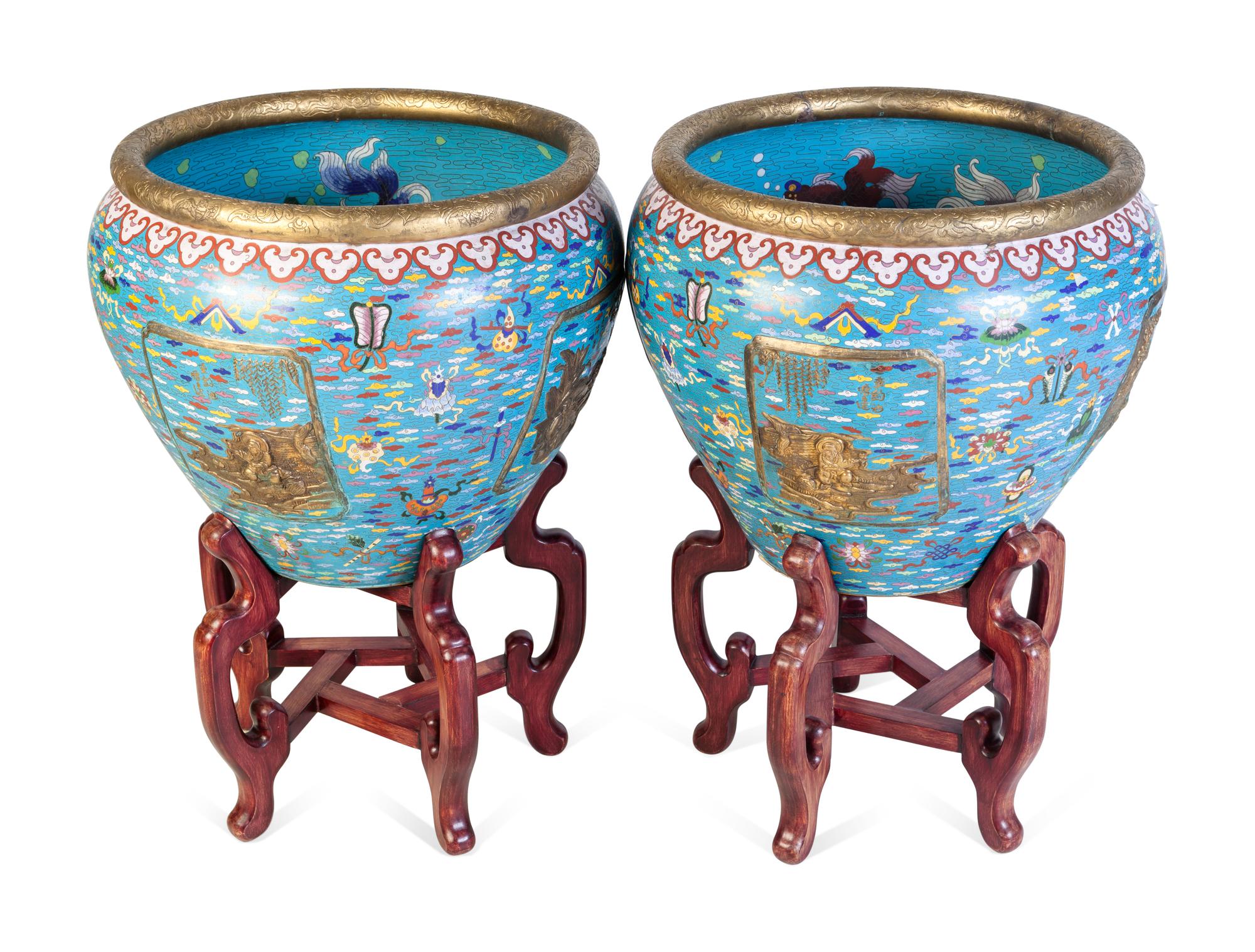 A Pair of Large Chinese Export Cloisonné Fish Bowls and Stands