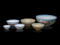 A Set of Six Chinese Famille Rose Eggshell Porcelain Bowls