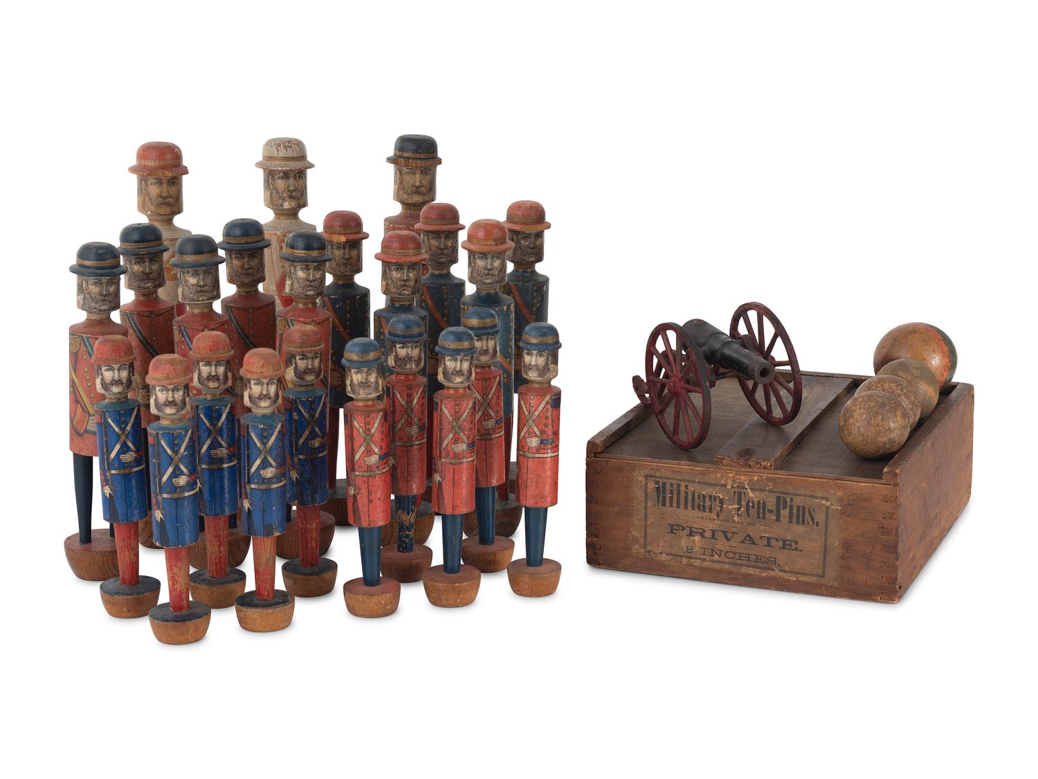 A Set of Painted Wood and Lithographed Military Ten-Pins