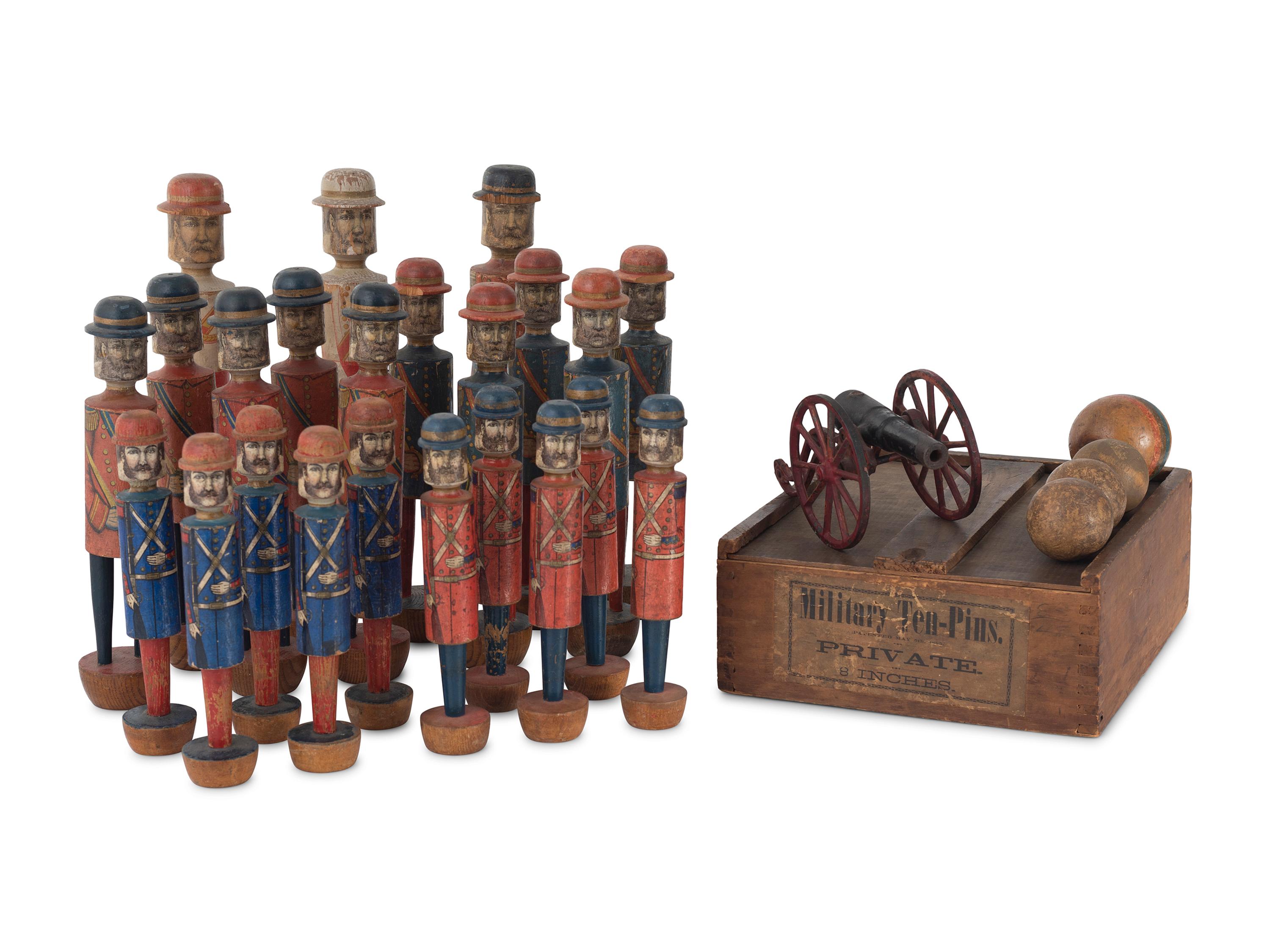 A Set of Painted Wood and Lithographed Military Ten-Pins