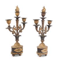 A Pair of Empire Gilt and Patinated Bronze Two-Light Candelabra