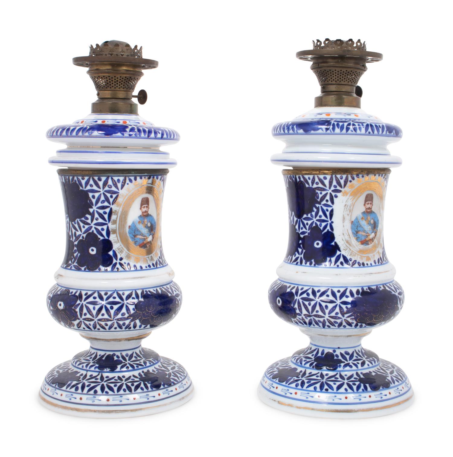 A Pair of Persian Market Opaline Glass Oil Lamps