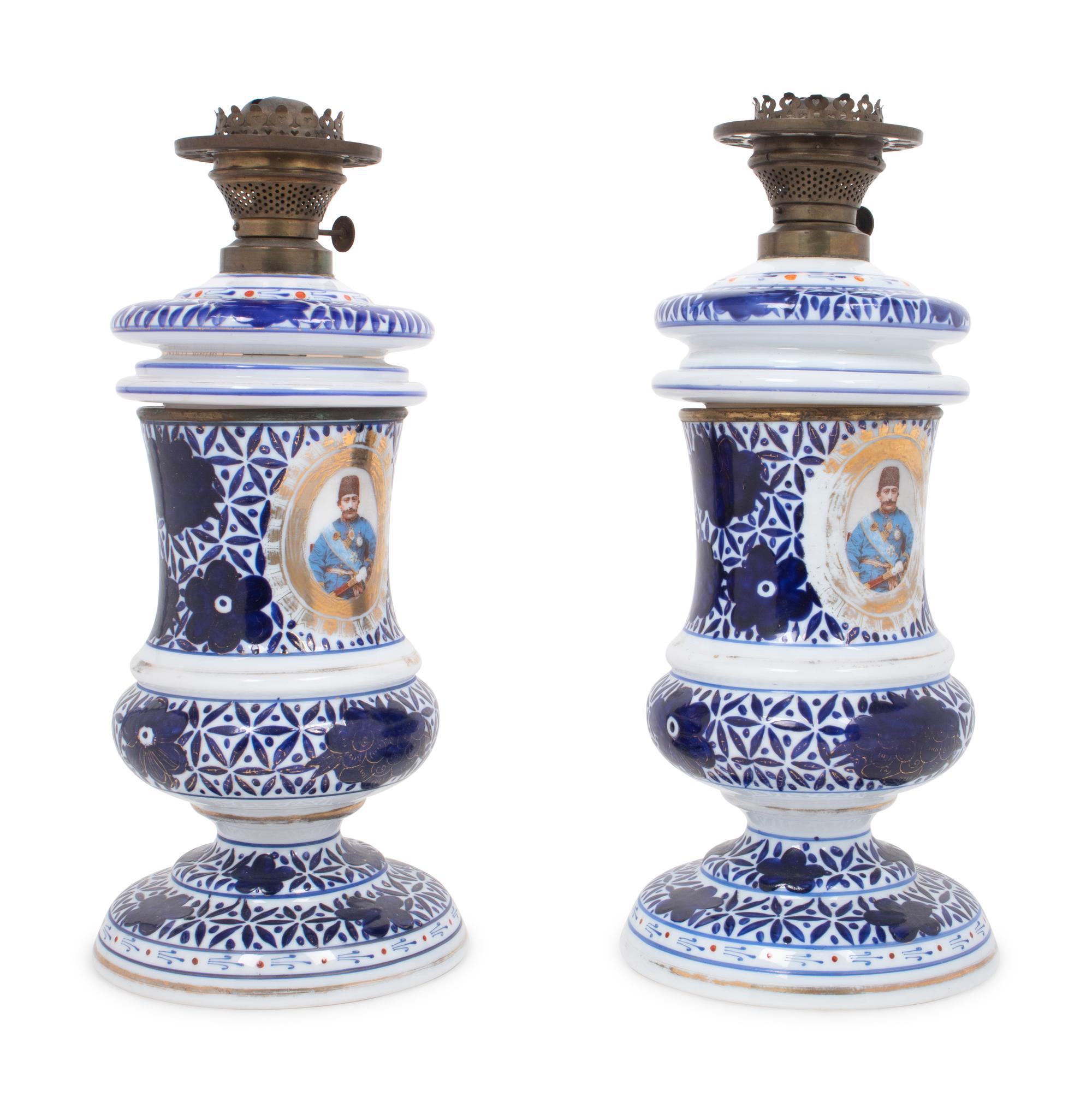 A Pair of Persian Market Opaline Glass Oil Lamps