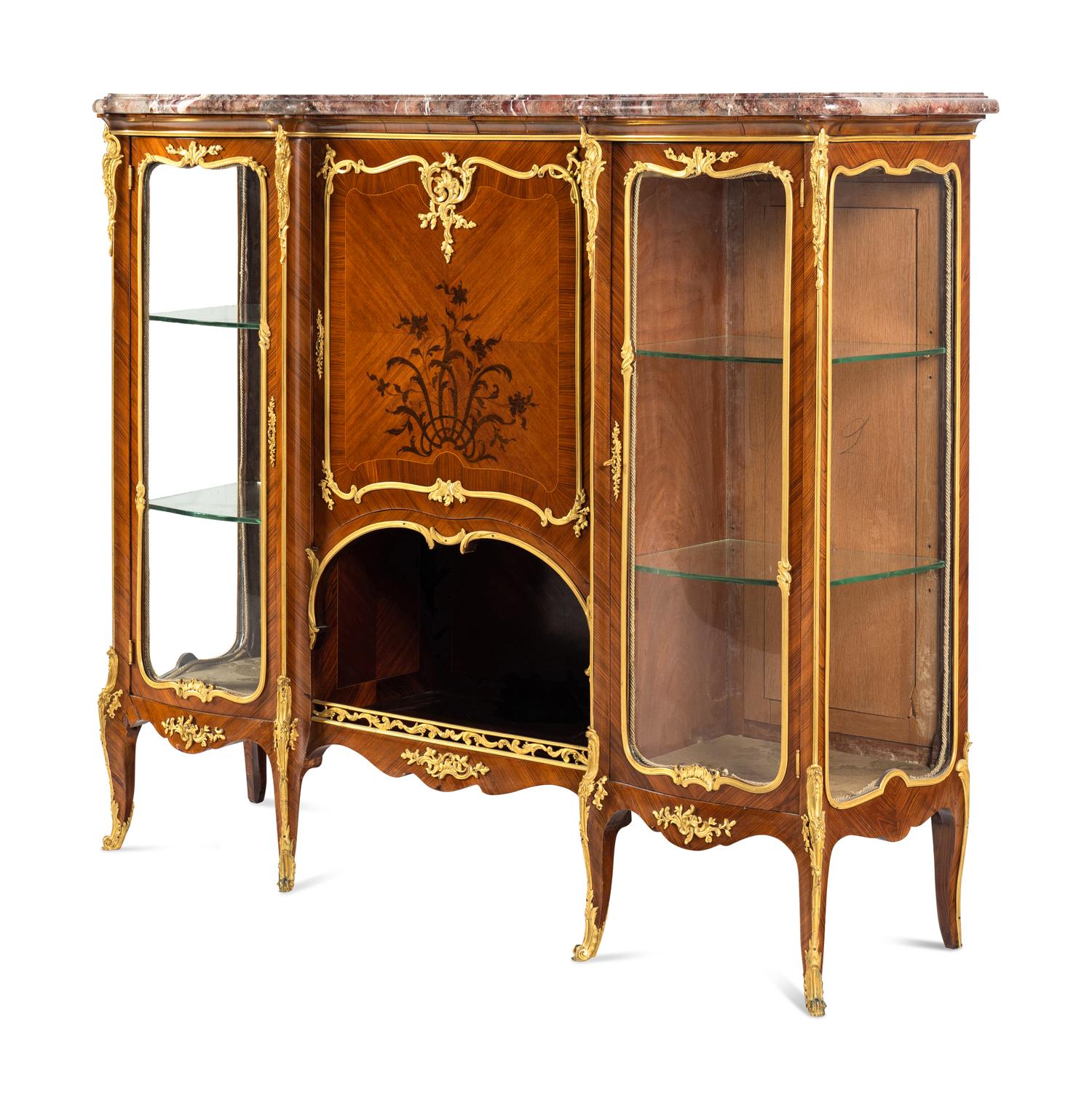 A Louis XV Style Gilt Bronze Mounted Kingwood and Marquetry Marble-Top Vitrine