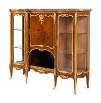 A Louis XV Style Gilt Bronze Mounted Kingwood and Marquetry Marble-Top Vitrine