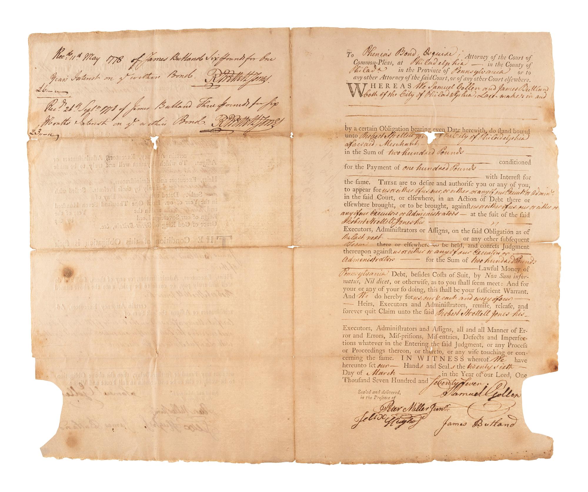 [PENNSYLVANIA]. Warrant for a list of men eligible for militia service in Philadelphia, PA. 23 April 1788.