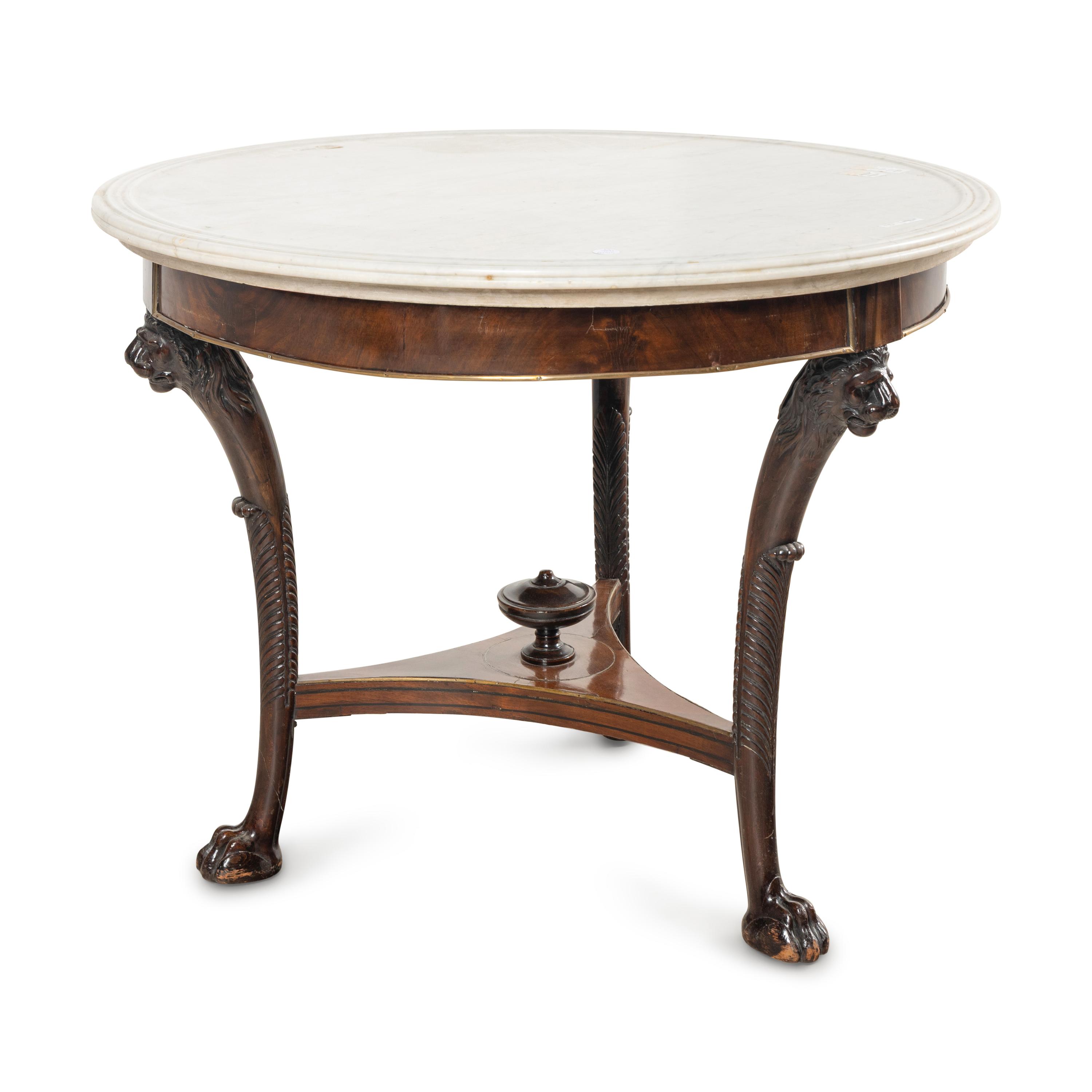 An Empire Brass Mounted Mahogany and Marble-Top Guéridon