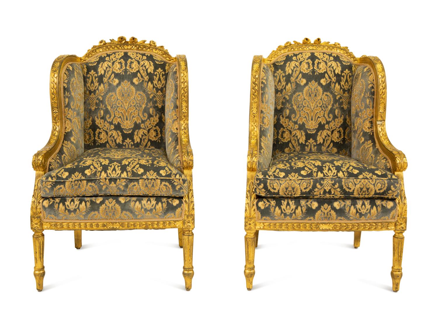 A Pair of Louis XVI Style Giltwood Bergeres a Oreilles