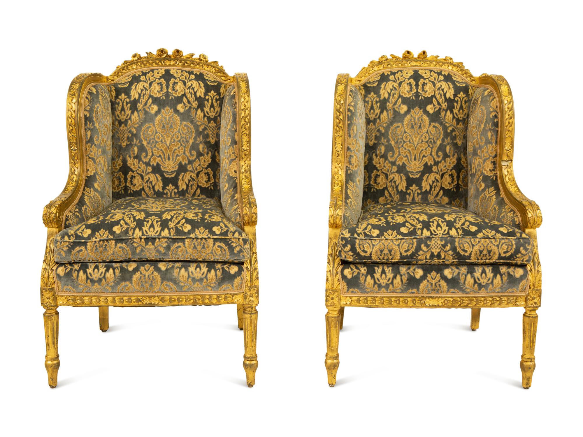 A Pair of Louis XVI Style Giltwood Bergeres a Oreilles