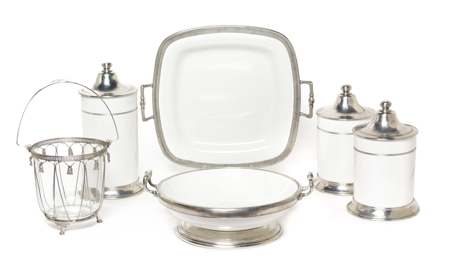 A Group of Pewter Mounted Ceramic Table Articles Height of tallest jar 14 inches. — ARTE ITALICA
