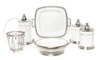 A Group of Pewter Mounted Ceramic Table Articles Height of tallest jar 14 inches. — ARTE ITALICA