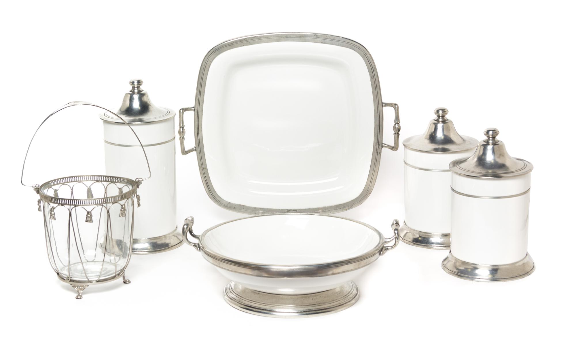 A Group of Pewter Mounted Ceramic Table Articles Height of tallest jar 14 inches. — ARTE ITALICA