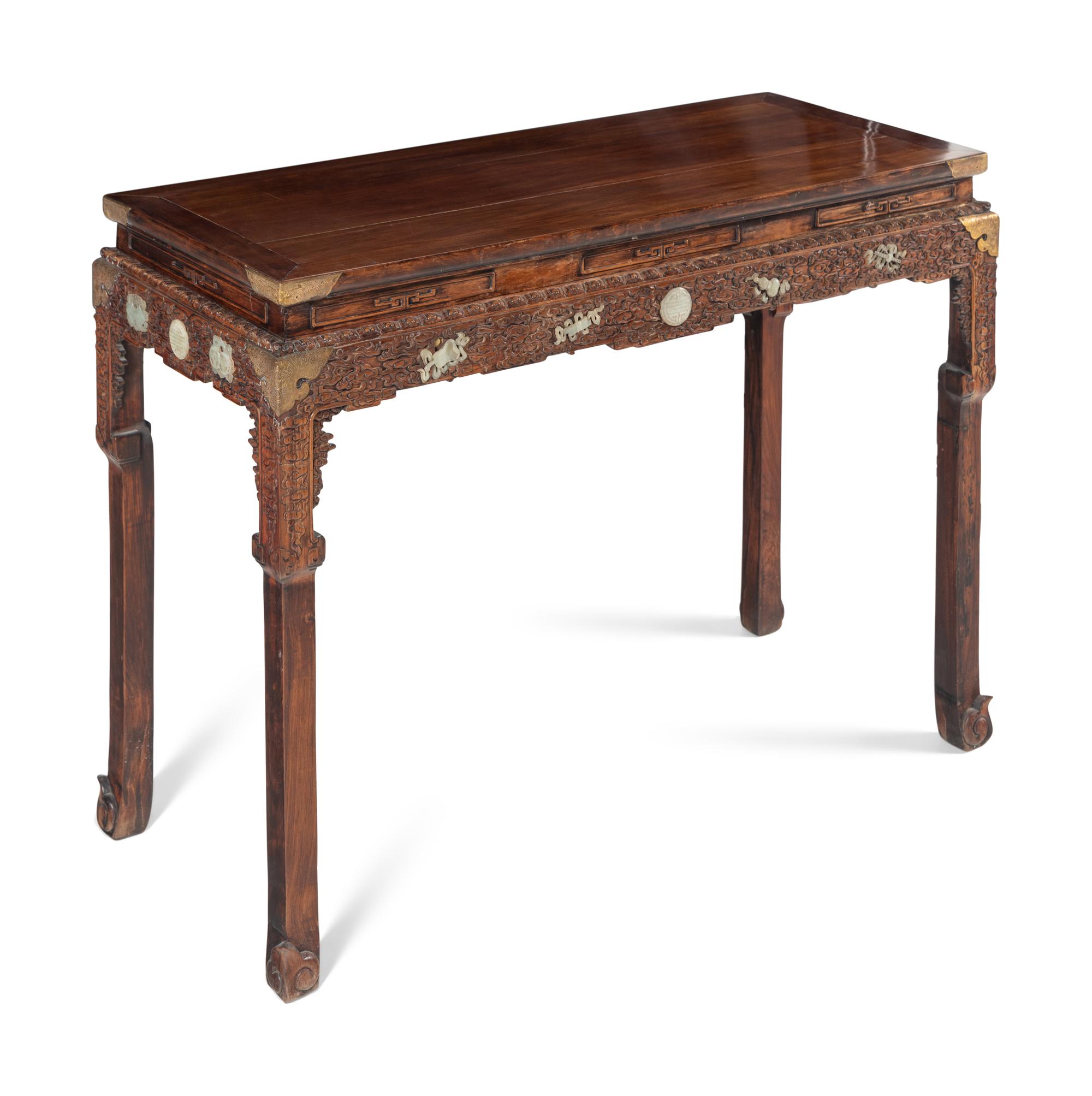 A Chinese Carved Hardwood and Celadon Nephrite Jade-Inset Console Table