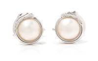 A Pair of 14 Karat White Gold, Mabe Pearl, and Diamond Cufflinks, 8.50 dwts.