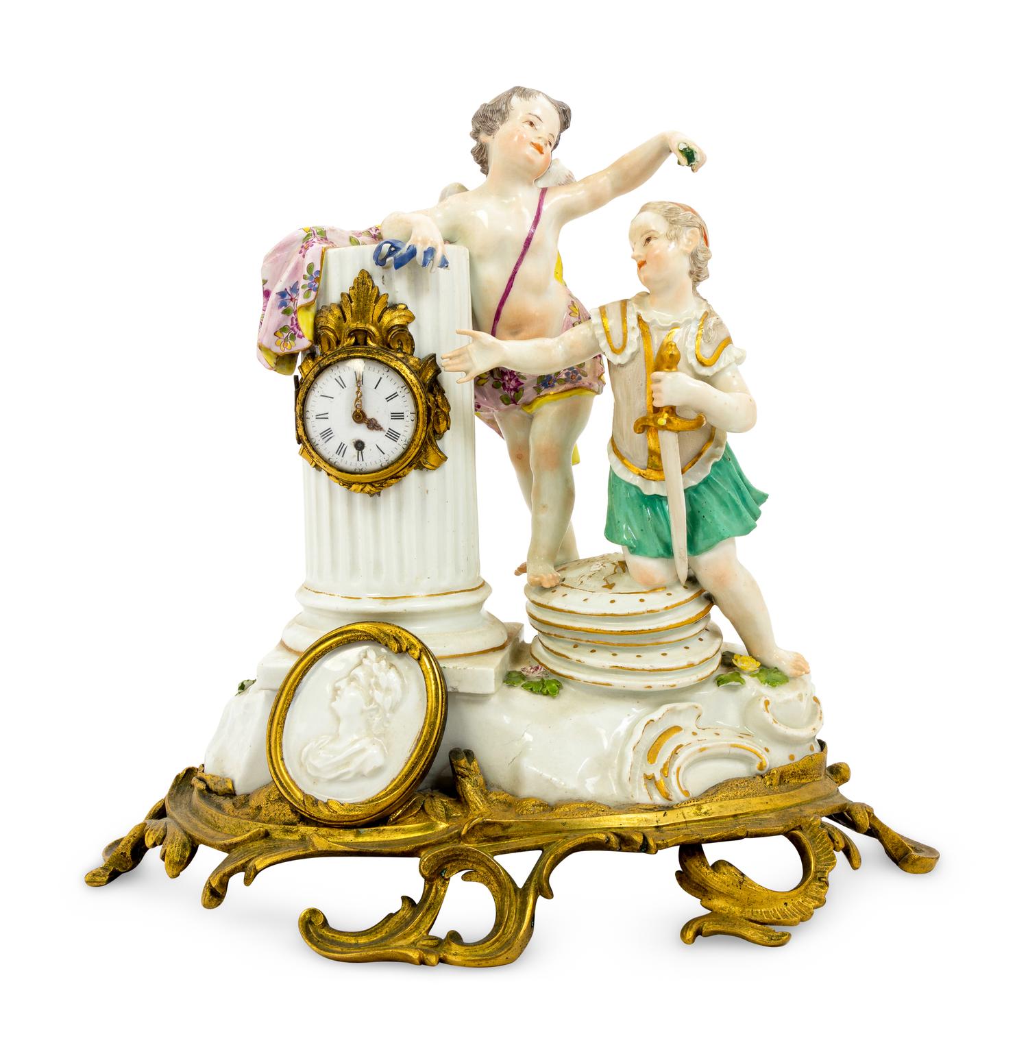 A Meissen Porcelain Figural Mantel Clock