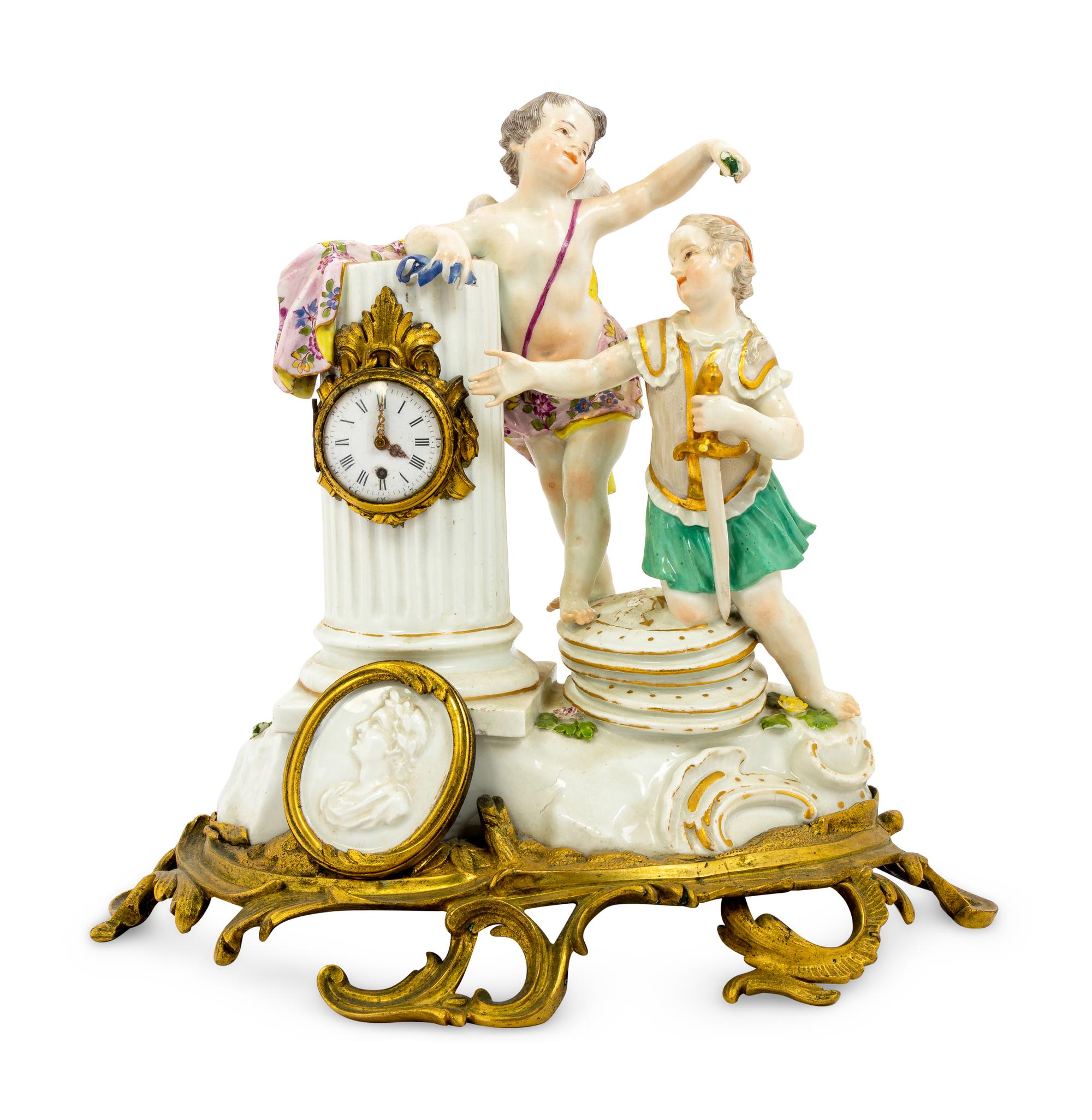 A Meissen Porcelain Figural Mantel Clock