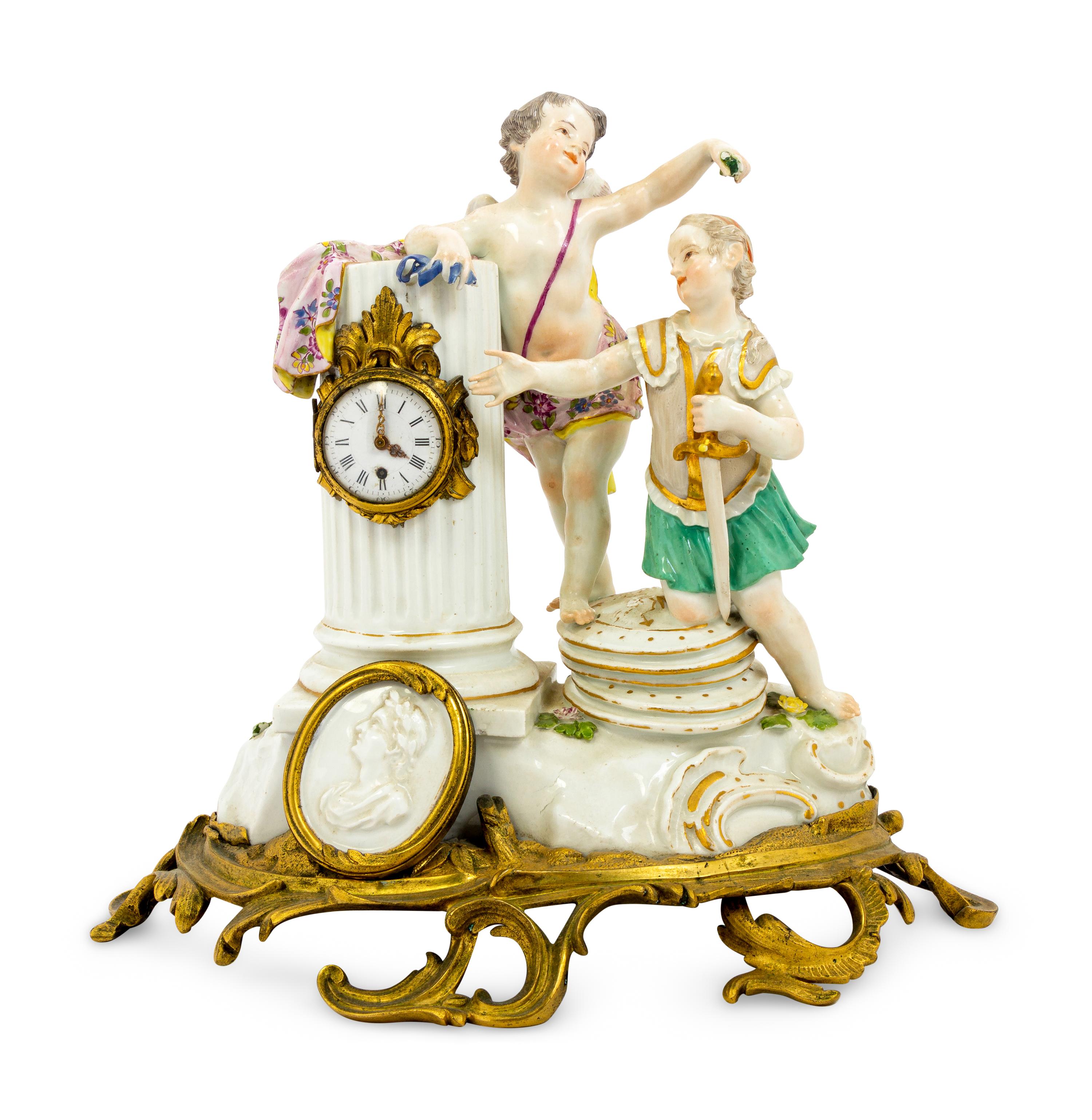 A Meissen Porcelain Figural Mantel Clock