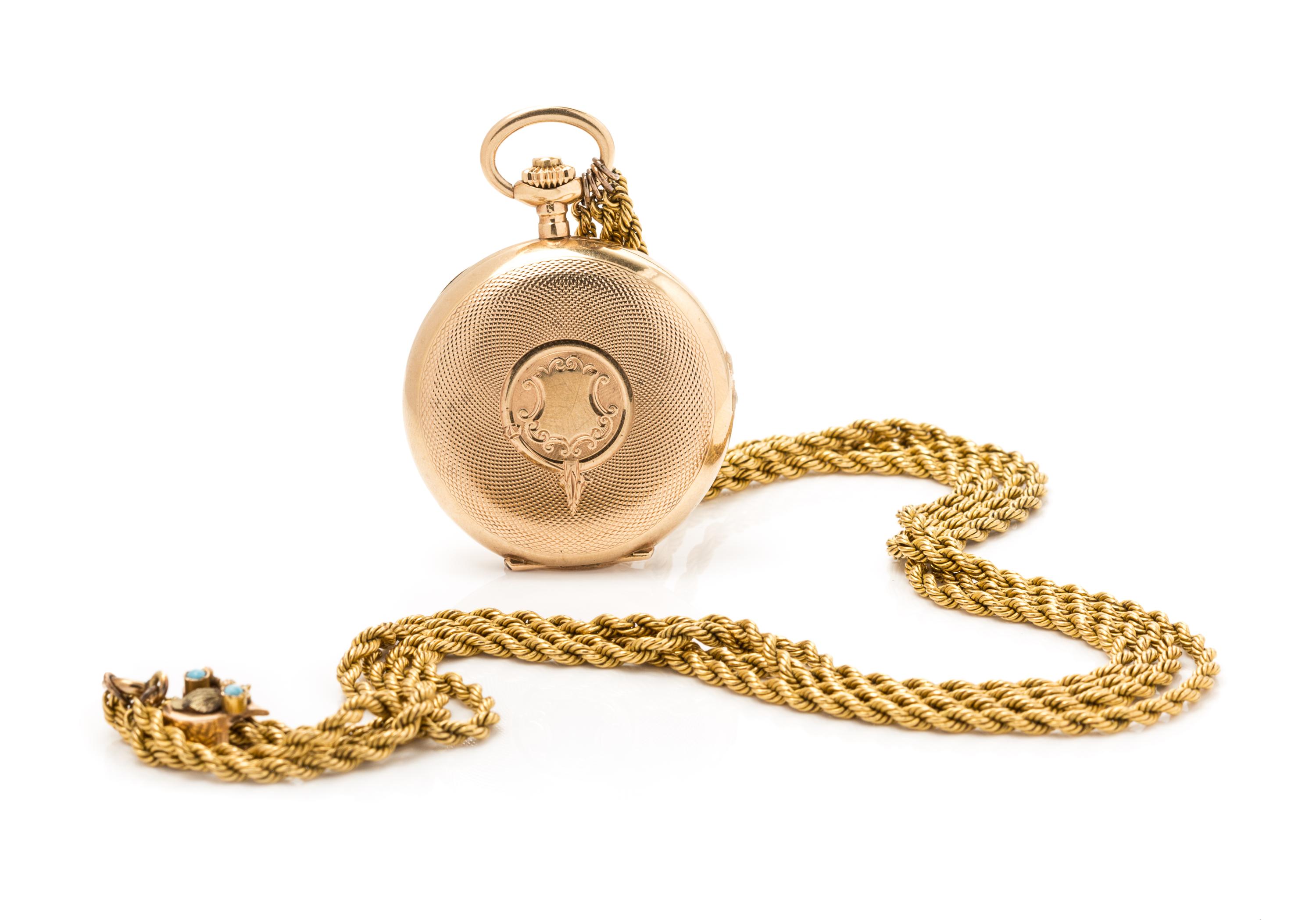 A 14 Karat Yellow Gold Hunter Case Pendant Watch, Louis Grisel, 39.00 dwts.