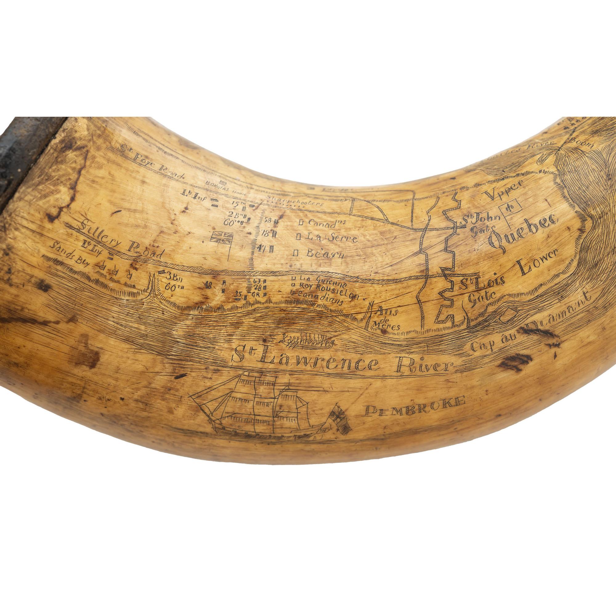 Carved Siege of Quebec Artillery Priming Horn of John Calfe Dated 1759