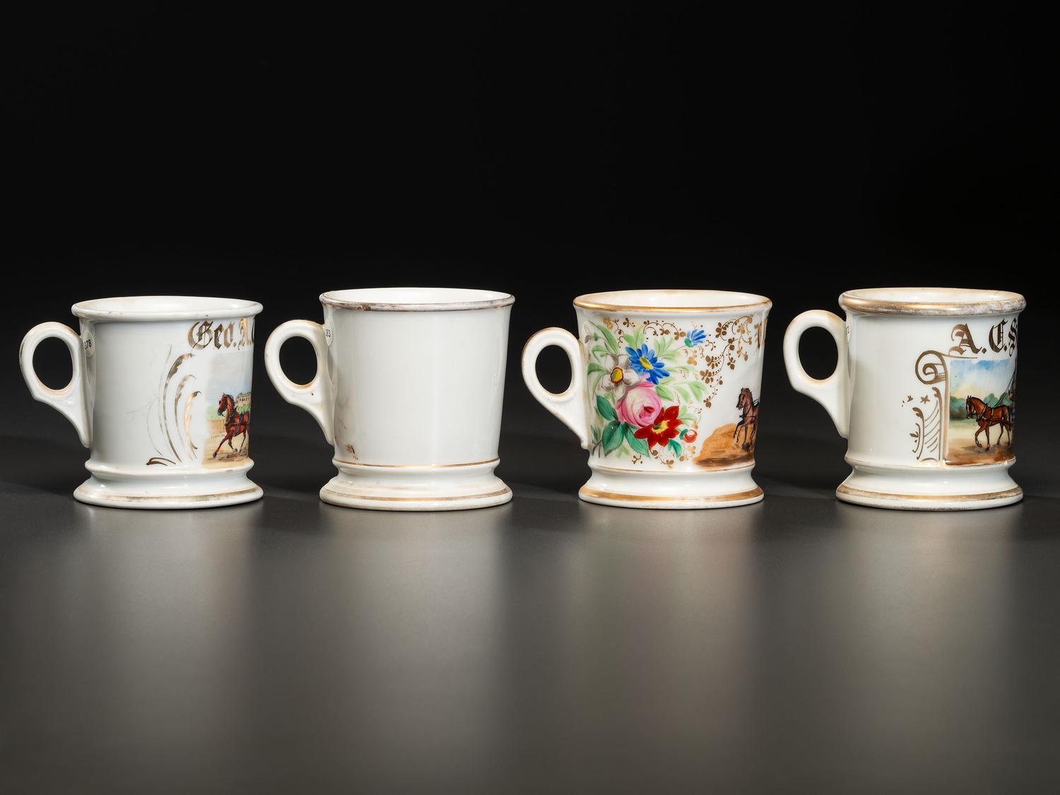 Four Porcelain Occupational Shaving Mugs Depicting Horse-Drawn Wagons