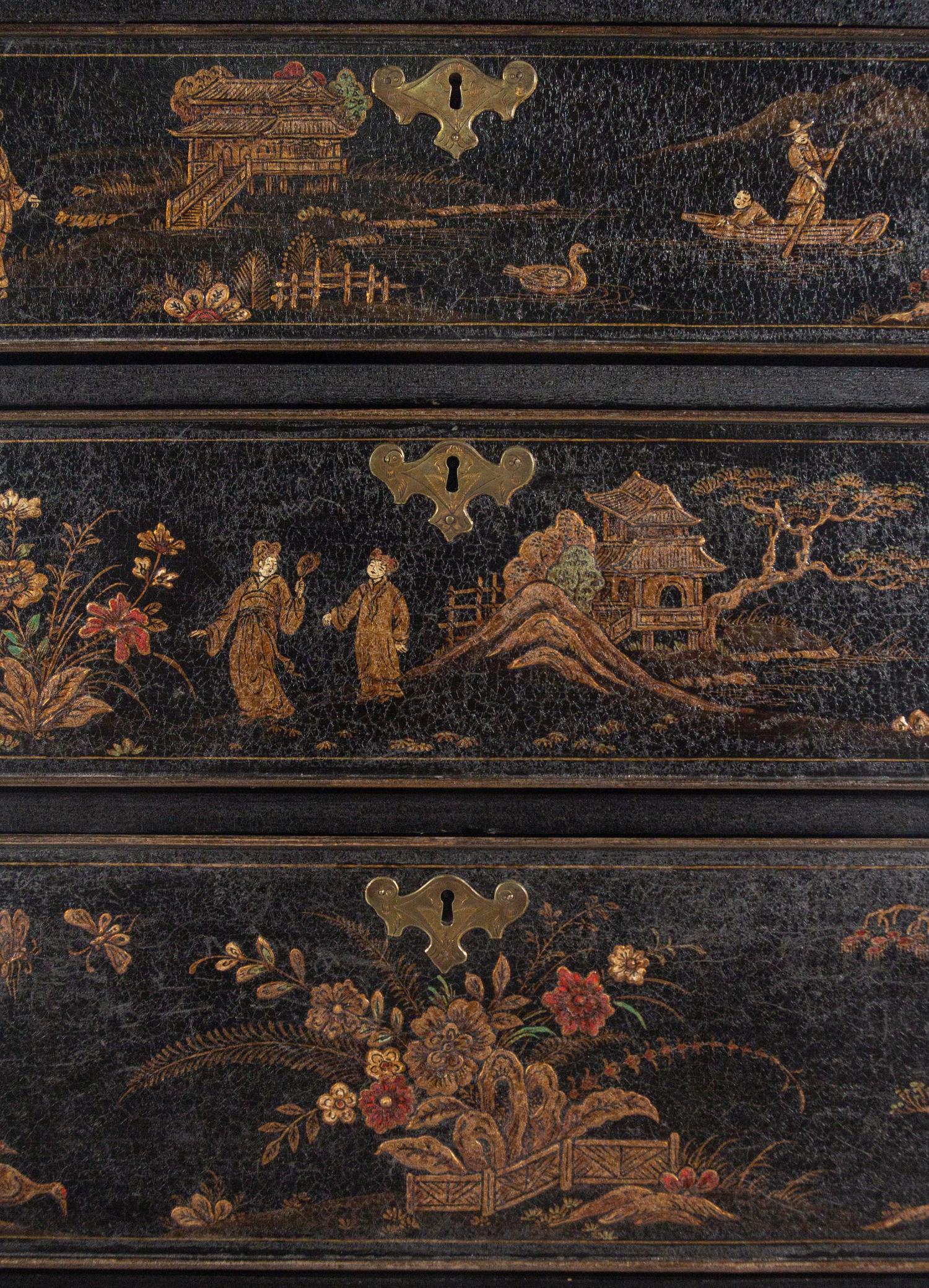 Queen Anne Japanned Lacquered Pine and Maple Flat Top High Chest