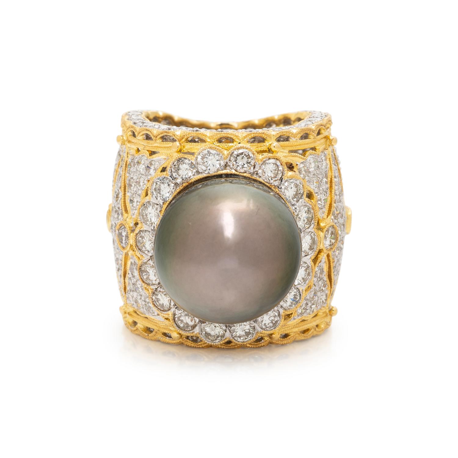 BICOLOR GOLD, DIAMOND, AND CULTURED PEARL RING