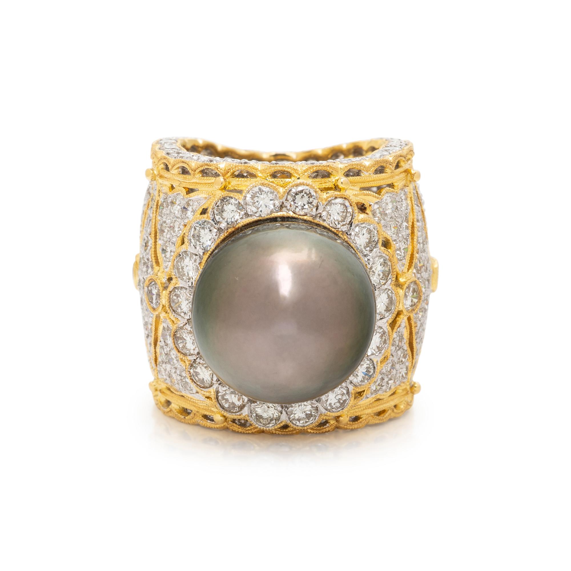 BICOLOR GOLD, DIAMOND, AND CULTURED PEARL RING