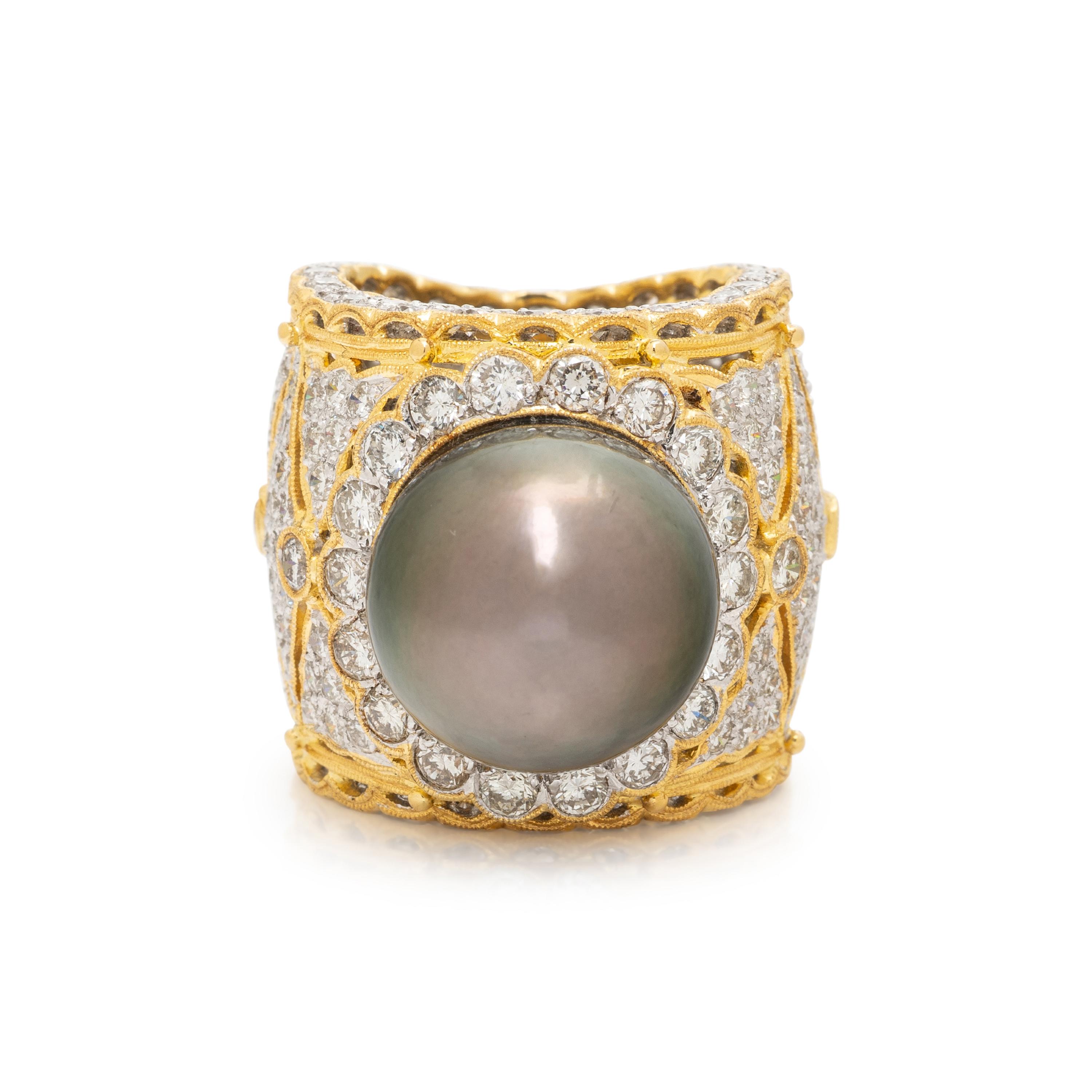 BICOLOR GOLD, DIAMOND, AND CULTURED PEARL RING
