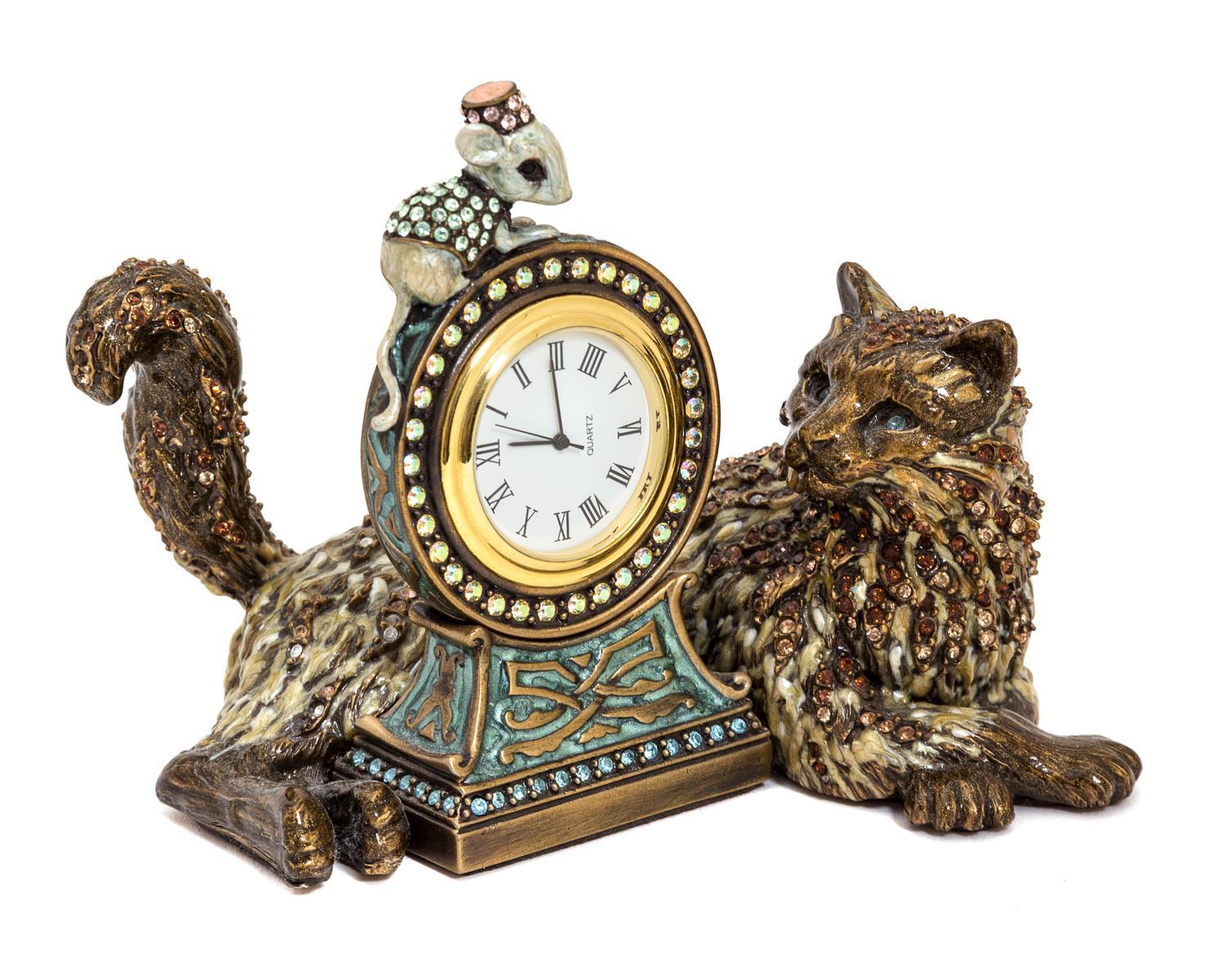 A Jeweled Cat and Mouse Form Desk Clock Height 4 3/4 inches. — 20TH CENTURY