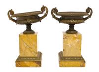 A Pair of Neoclassical Patinated Bronze and Marble Urns, Height 12 inches.