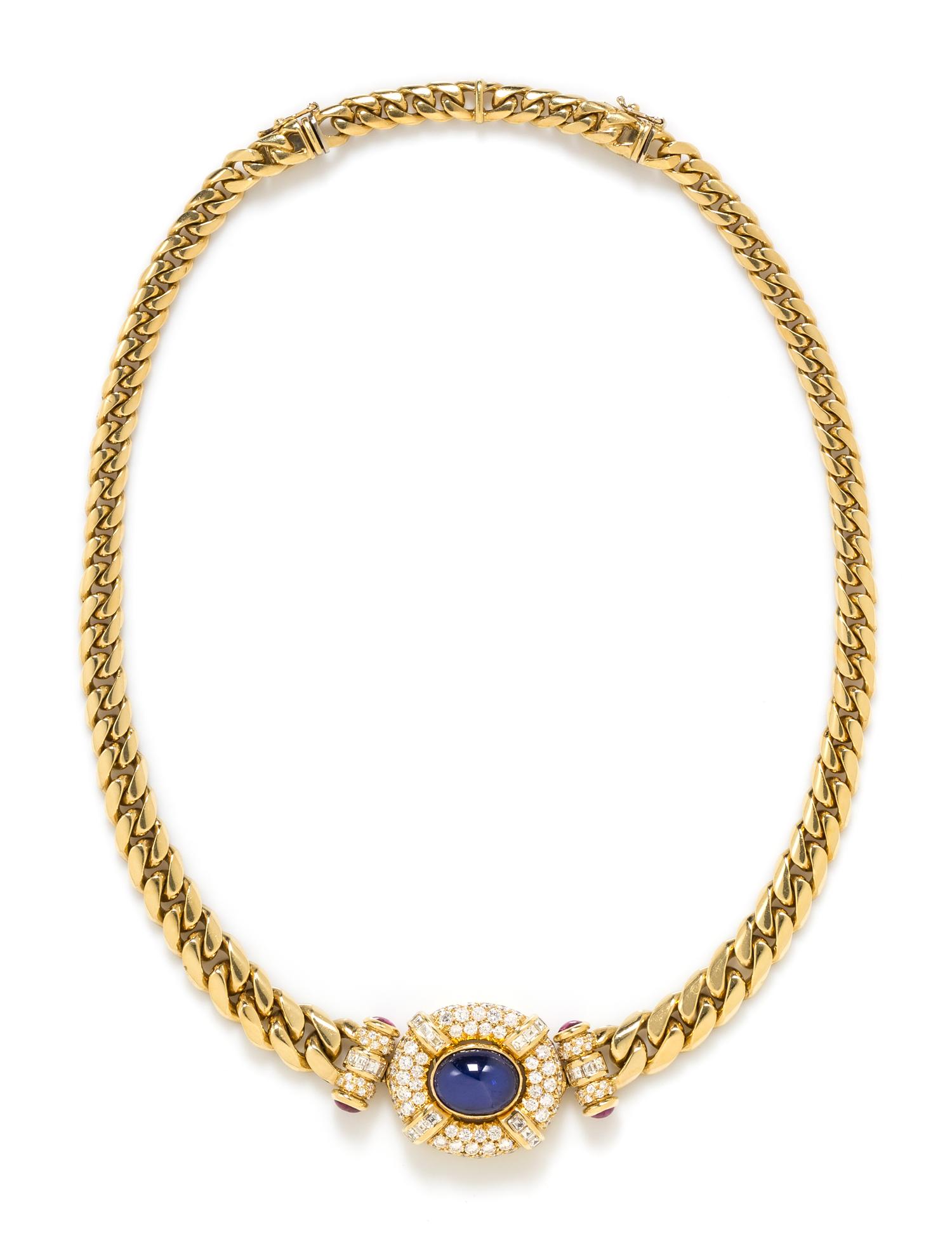 An 18 Karat Yellow Gold, Sapphire, Diamond and Ruby Necklace, Mayor's, 50.85 dwts.