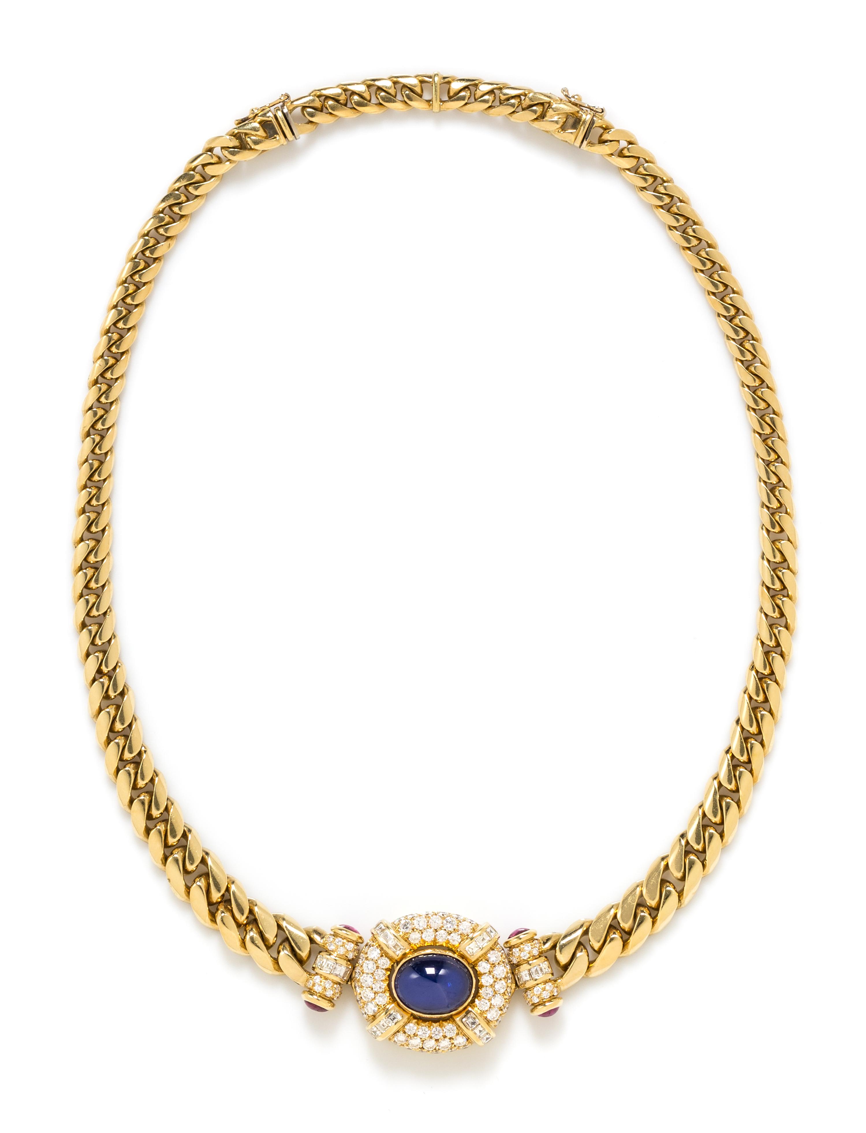 An 18 Karat Yellow Gold, Sapphire, Diamond and Ruby Necklace, Mayor's, 50.85 dwts.