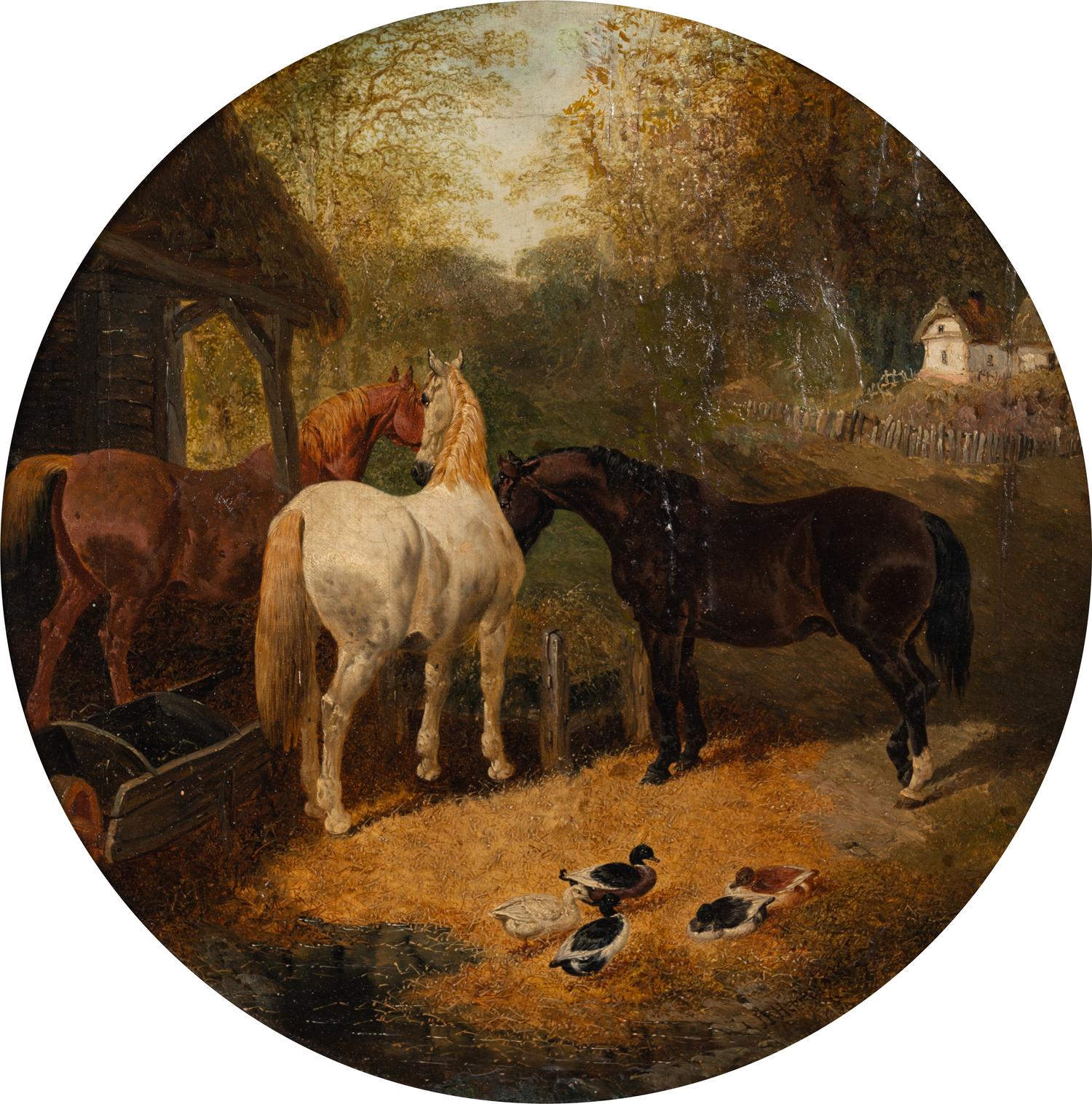 Farmyard Scene with Horses and Ducks