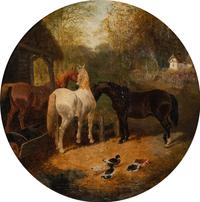 Farmyard Scene with Horses and Ducks