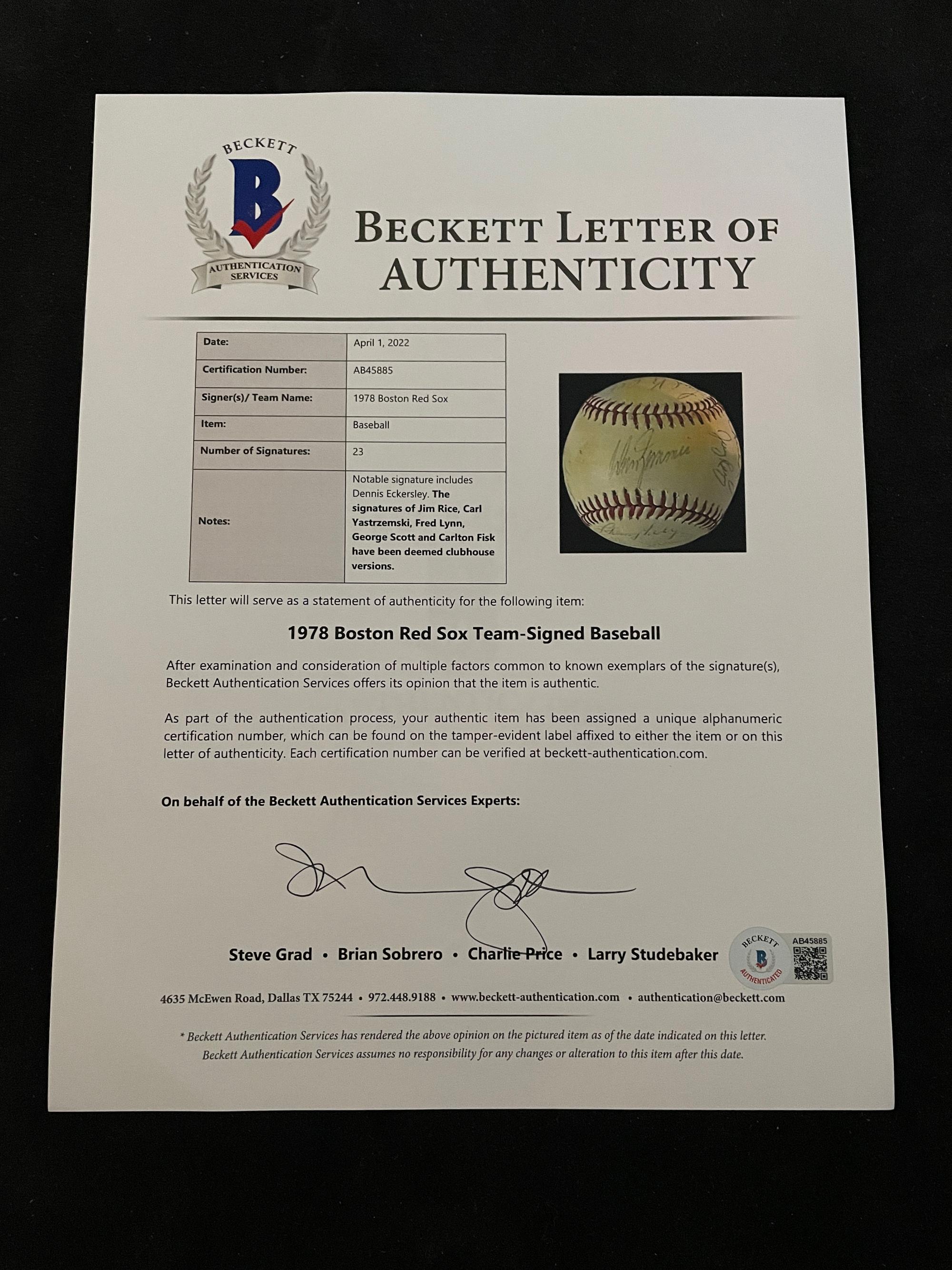 A 1978 Boston Red Sox Team Signed Autograph Baseball with 23 Signatures (Beckett Authentication Services Letter BAS Certified),