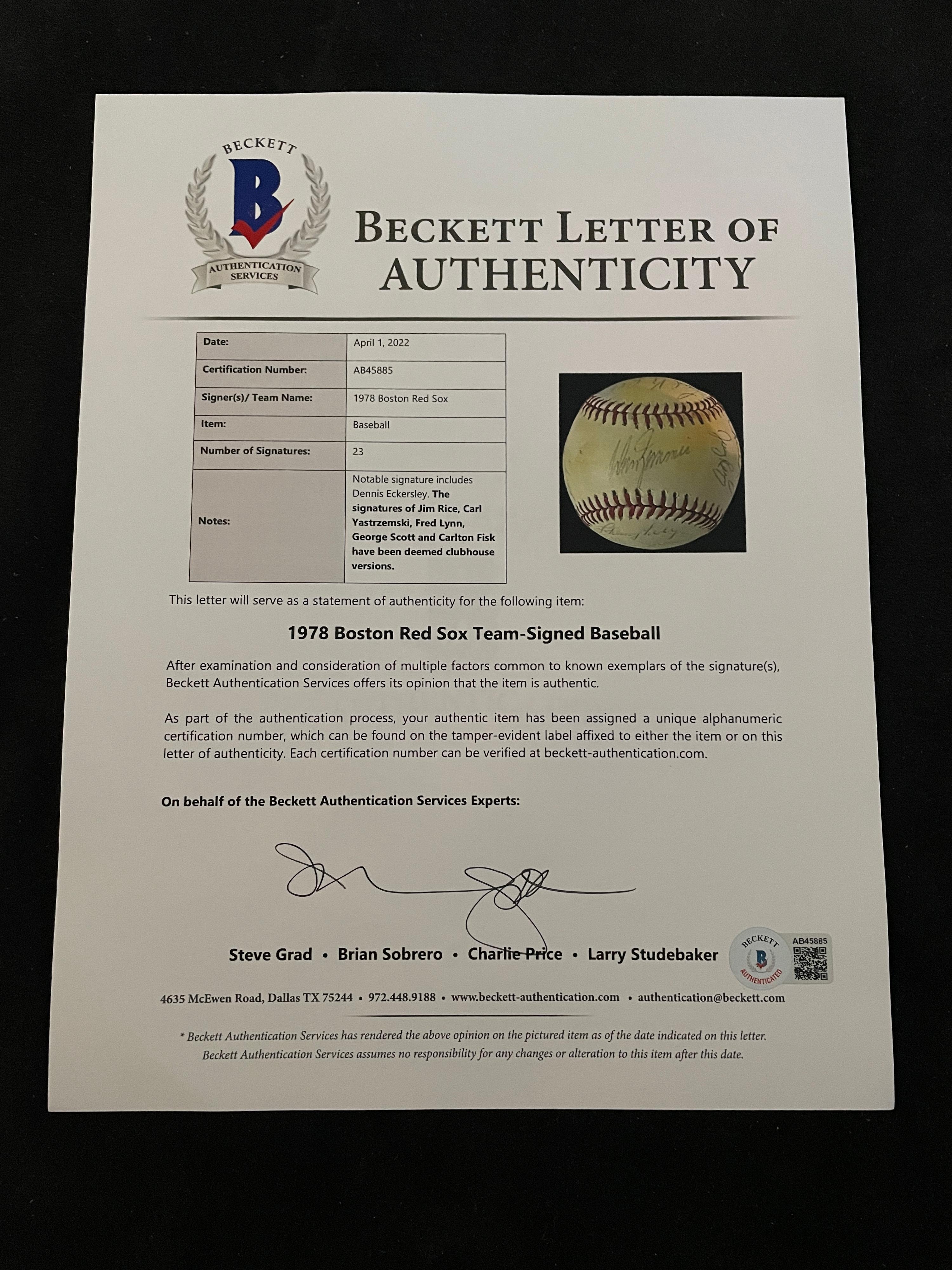 A 1978 Boston Red Sox Team Signed Autograph Baseball with 23 Signatures (Beckett Authentication Services Letter BAS Certified),