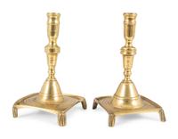 A Matched Pair of Continental Brass Footed and Dished Square Base Candlesticks