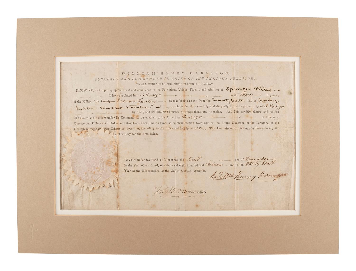 HARRISON, William Henry (1773-1841). Two Indiana Territory military documents including a partly printed document signed ("Willm. Henry Harrison"), as Governor and Commander in Chief of the Indiana Territory, Vincennes, 10 December 1811.