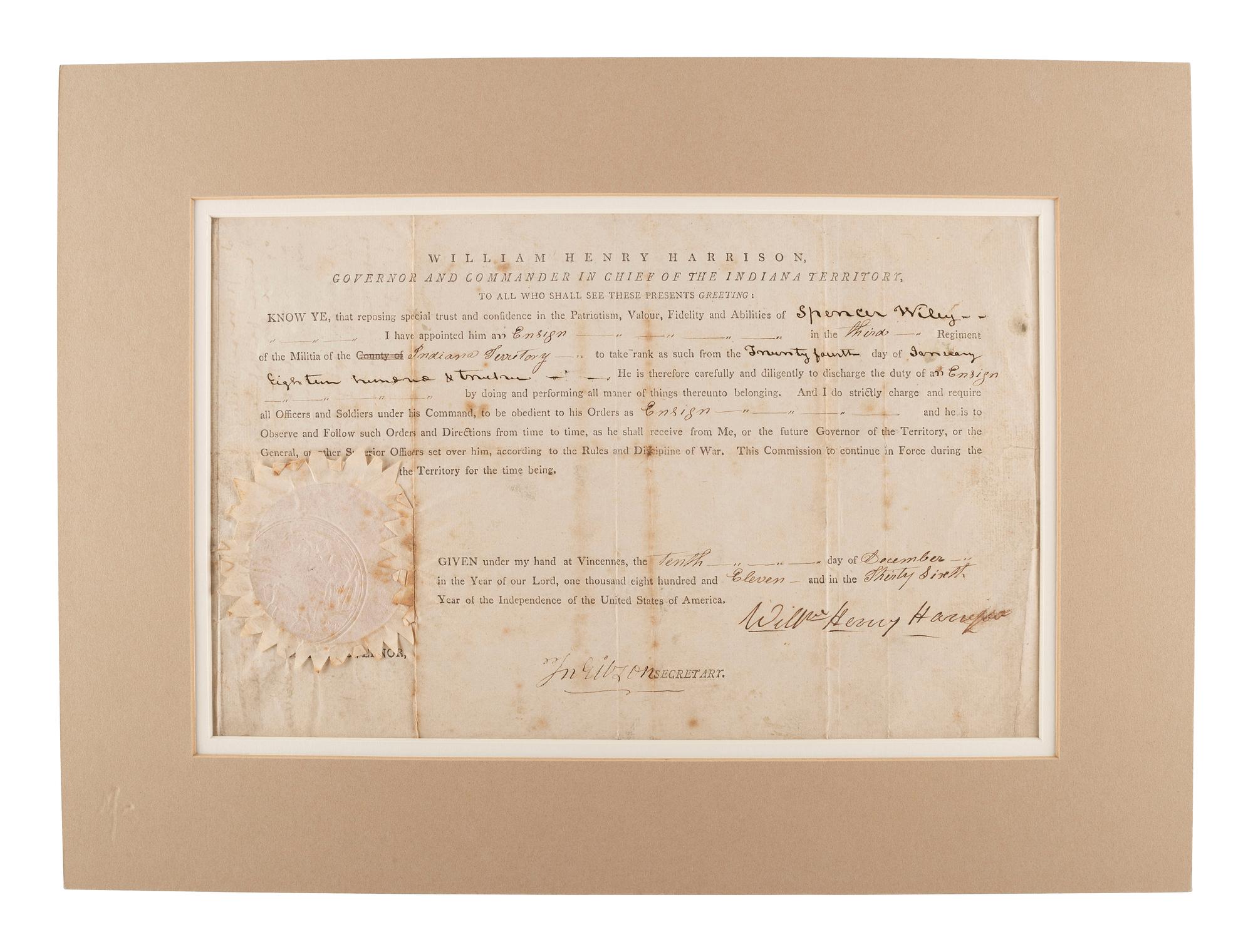 HARRISON, William Henry (1773-1841). Two Indiana Territory military documents including a partly printed document signed ("Willm. Henry Harrison"), as Governor and Commander in Chief of the Indiana Territory, Vincennes, 10 December 1811.