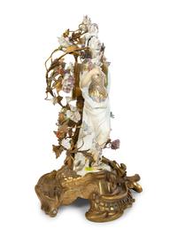 A Continental Gilt Bronze and Porcelain Figural Mantel Clock