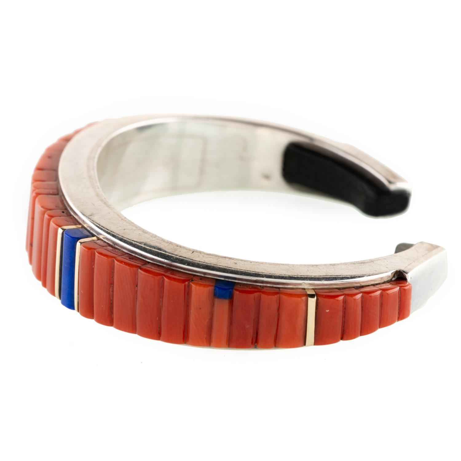 Silver, Coral, Lapis, and Ironwood Cuff Bracelet, with Gold Accents Lot is located and will ship from Denver, Colorado.