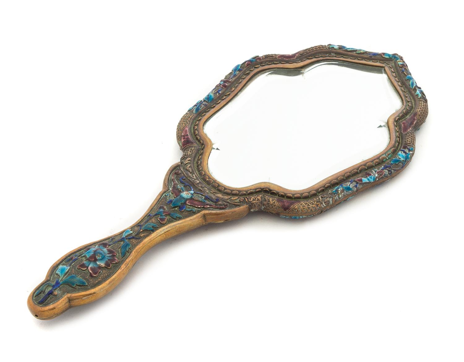 An Enamel on Copper Hand Mirror Length 11 1/8 inches.