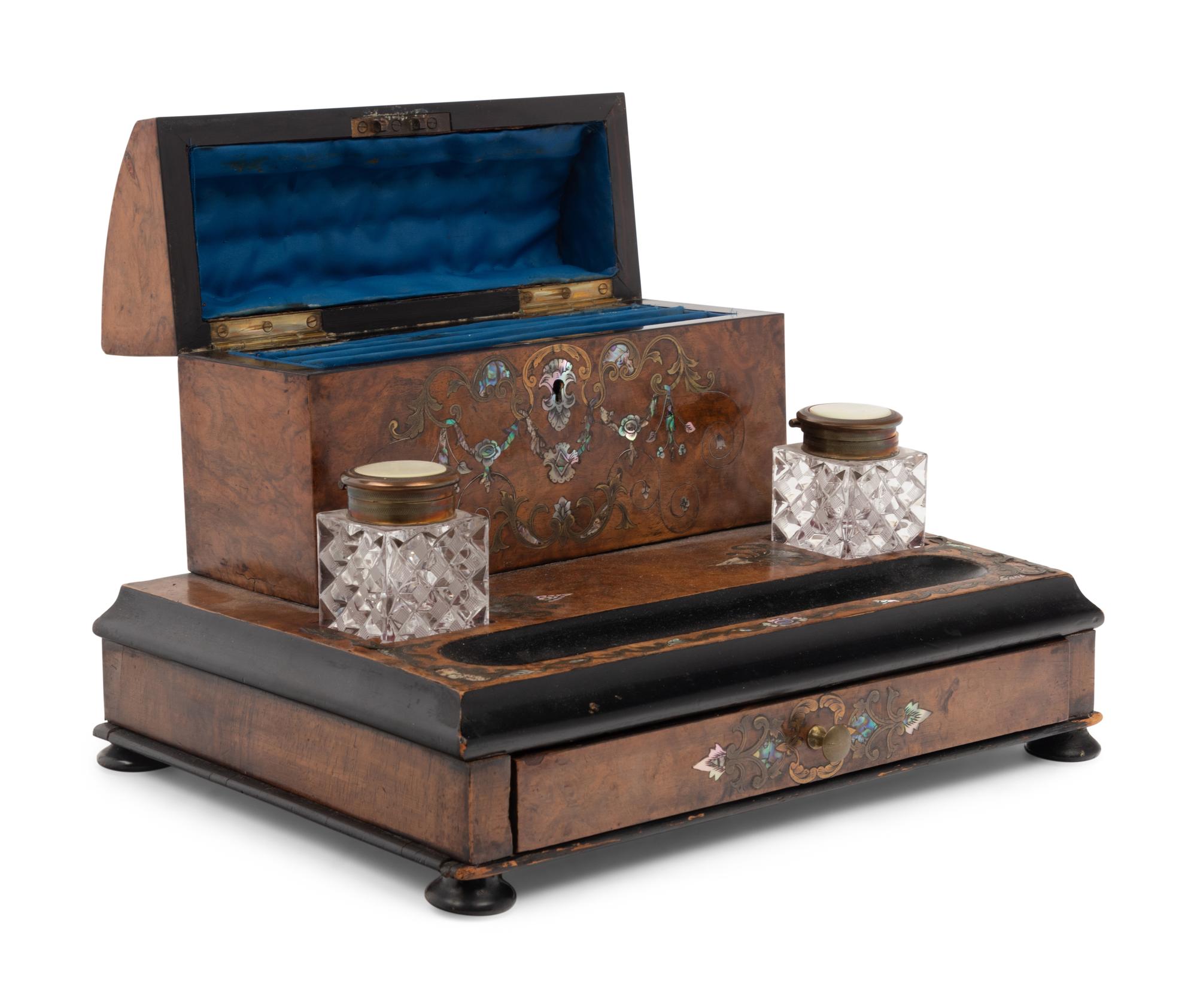 A Napoleon III Burlwood Marquetry and Mother-of-Pearl Inlaid Ink Stand