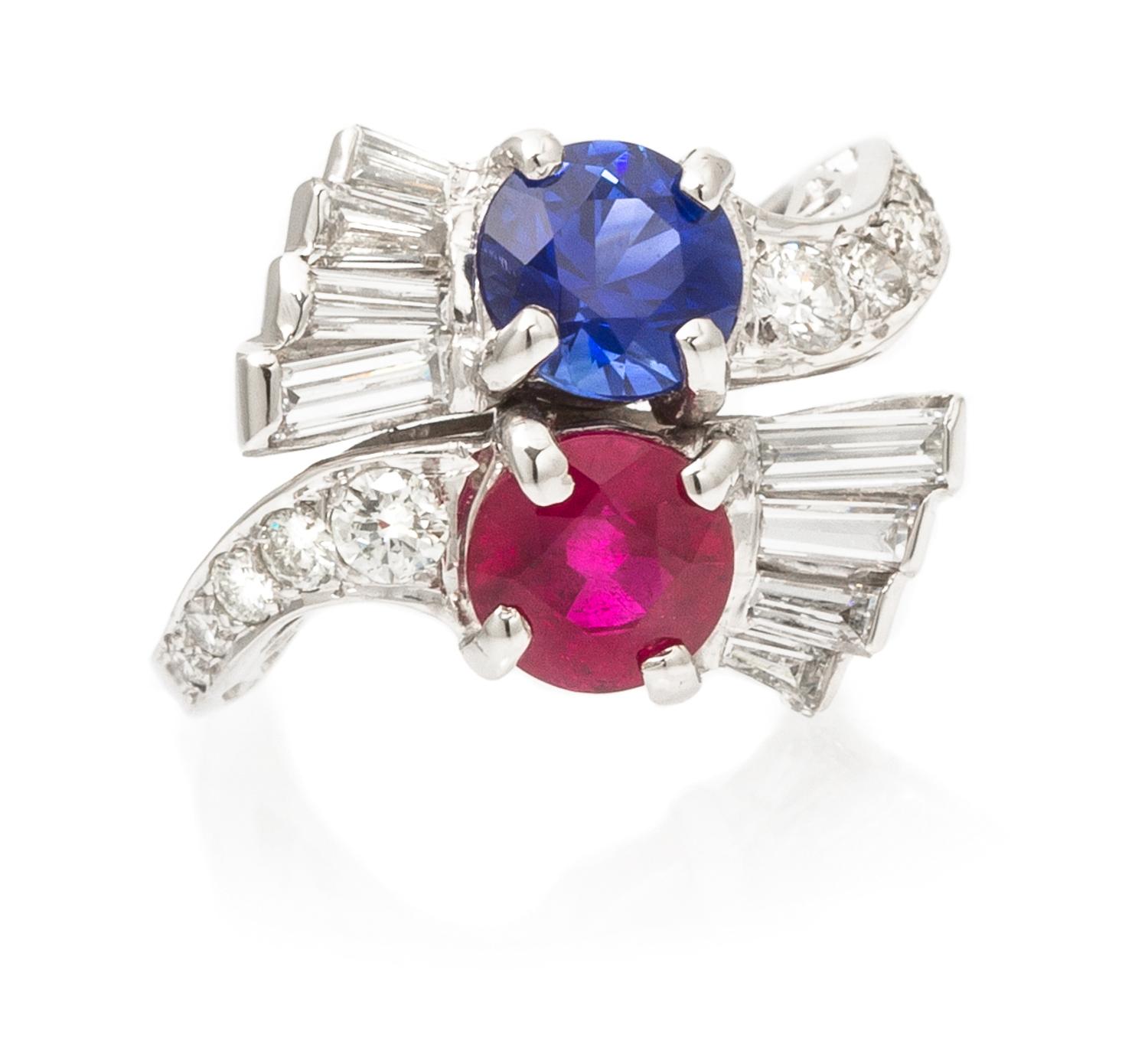 A Platinum, Ruby, Sapphire and Diamond Toi et Moi Ring, 5.10 dwts.